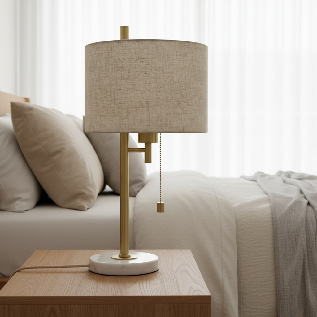 En moderne bordlampe med rund stoffskjerm og messingfot.