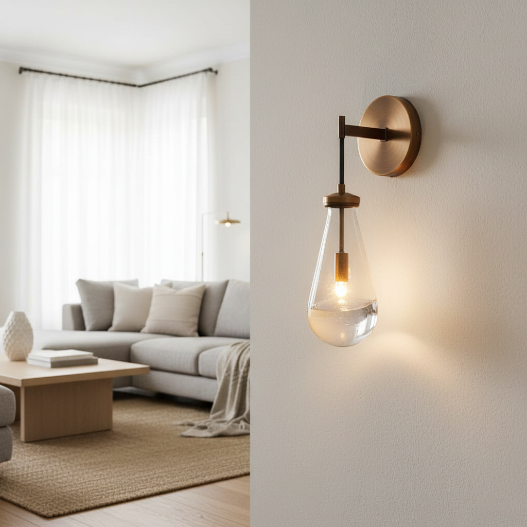 Veggmontert messing- og glasslampe – Moderne