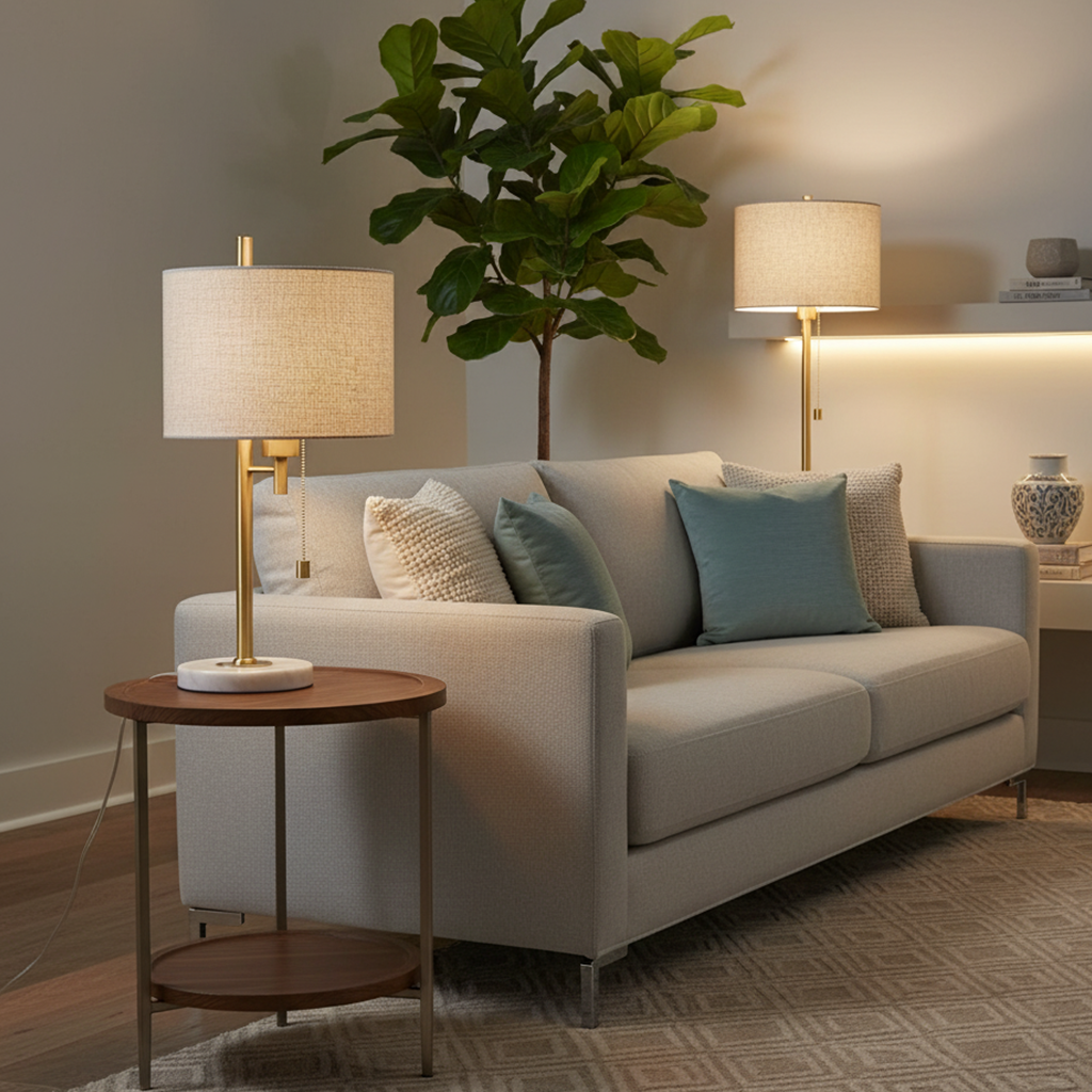 Bordlampe med Stoffskjerm & Messing – Moderne