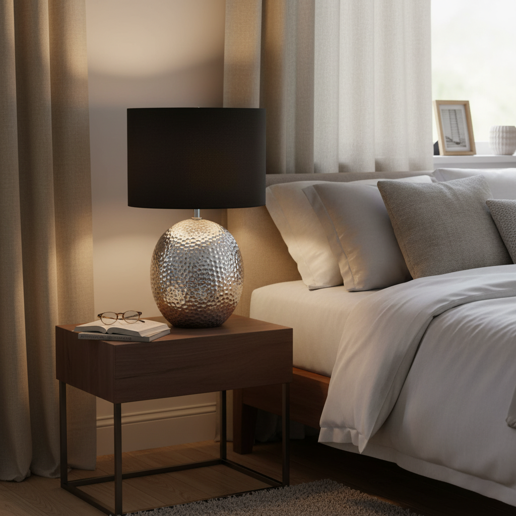 Elegant bordlampe med hammerslĂĄtt metallfot og svart stoffskjerm