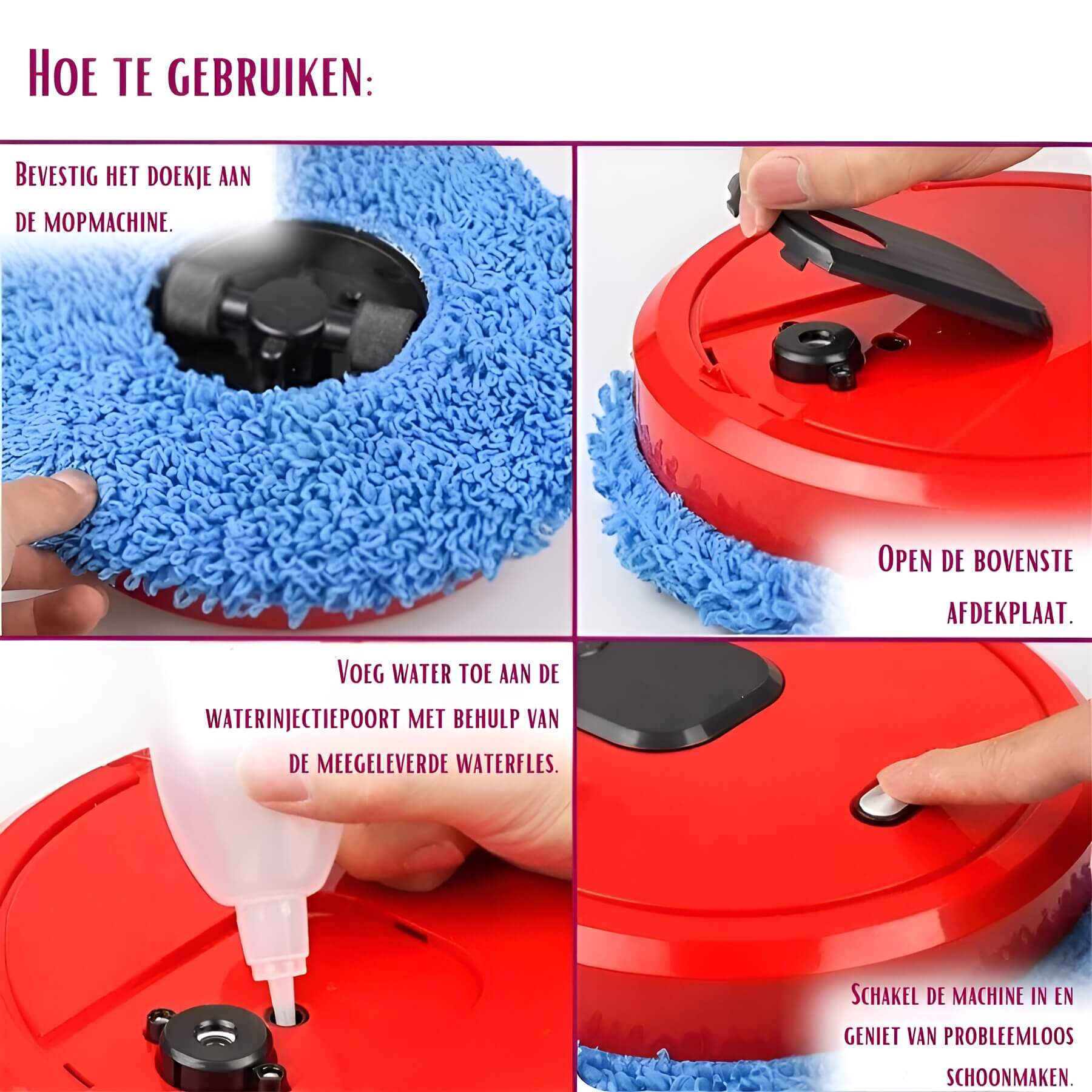 "3-in-1 Saug- und Wischroboter, kompakt, leise, selbstaufladend; passend für Hartböden und Teppiche in Rot, Schwarz, Weiß."