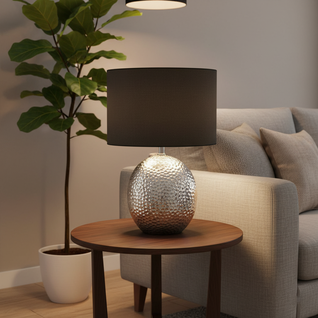 Elegant Bordlampe med HammerslĂĄtt Base og Svart Skjerm