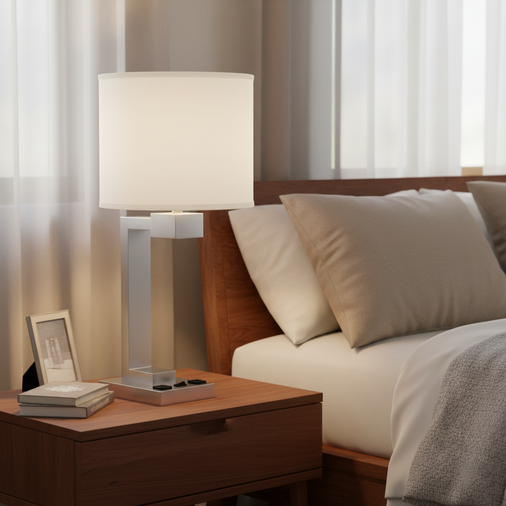 Minimalistisk bordlampe med stoffskjerm og metallfot