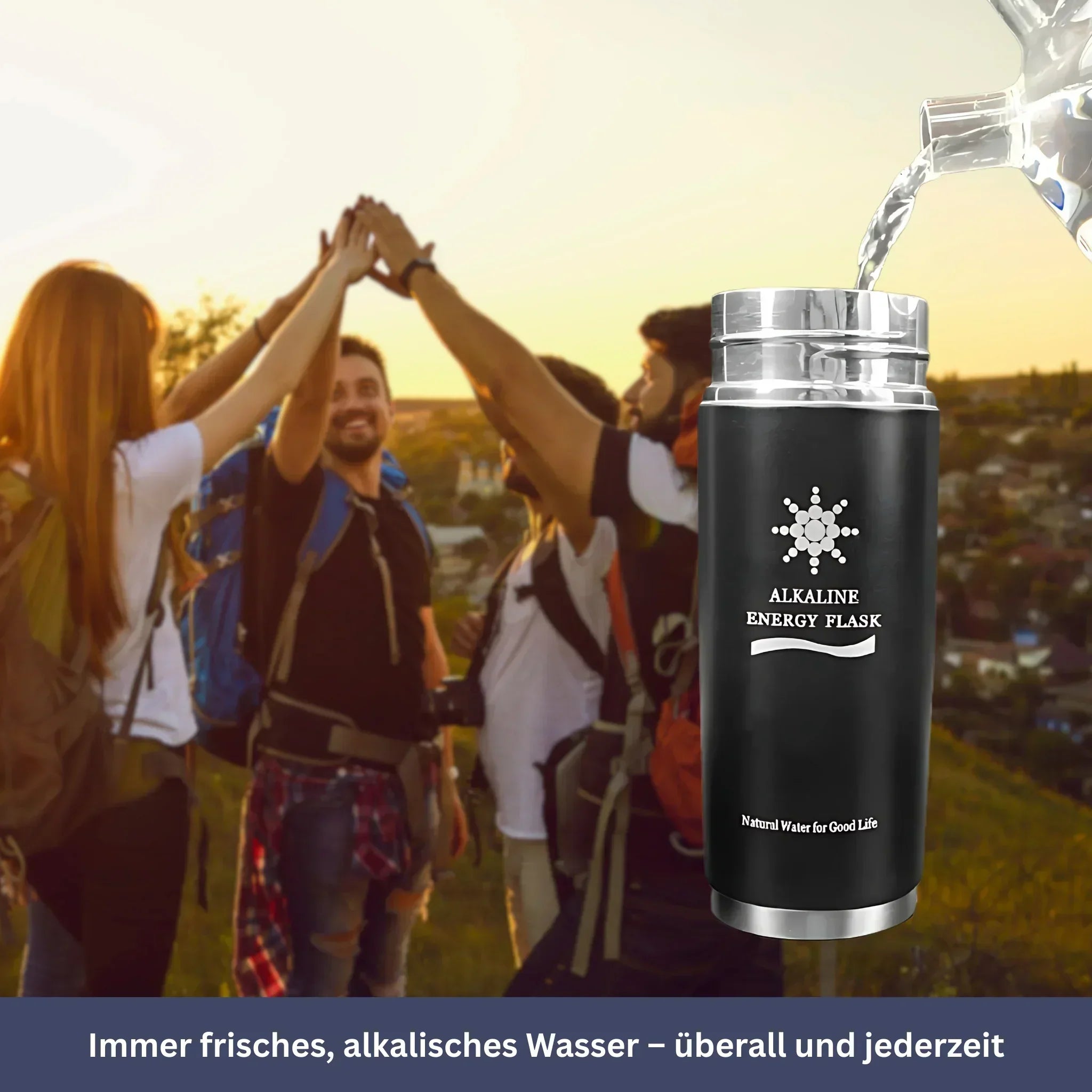 "AquaBalance alkalische Filterflasche unterwegs, gesundes Wasser, modernes Design, robust, ideal für Reisen und Sport."
