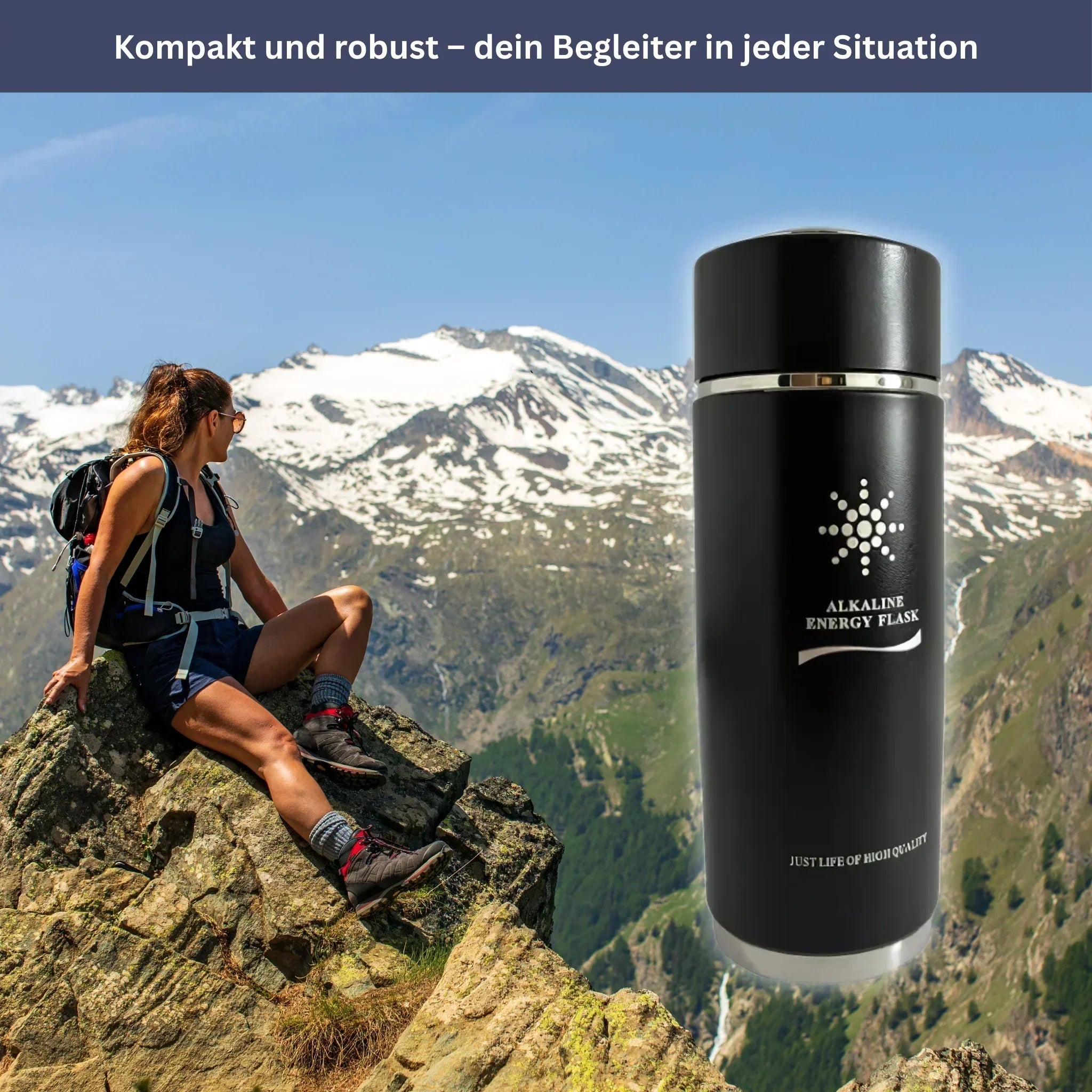 "AquaBalance alkalische Filterflasche unterwegs, gesundes Wasser, modernes Design, robust, ideal für Reisen und Sport."