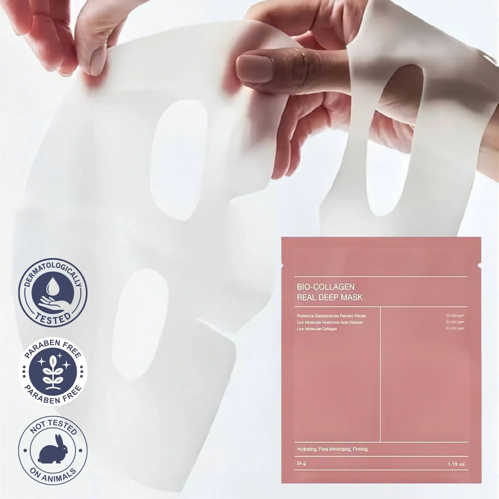 "Bio Kollagen Gesichtsmaske für intensive Feuchtigkeit, zarte Textur, ideal für strahlenden Teint und alle Hauttypen."