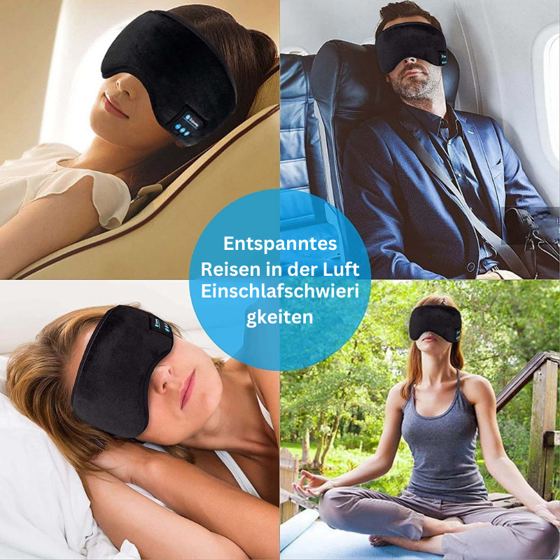 "Bluetooth Augenmaske SleePro™, schwarz, komfortabel, ideal zum Schlafen mit integriertem Kopfhörer, modernes Design."