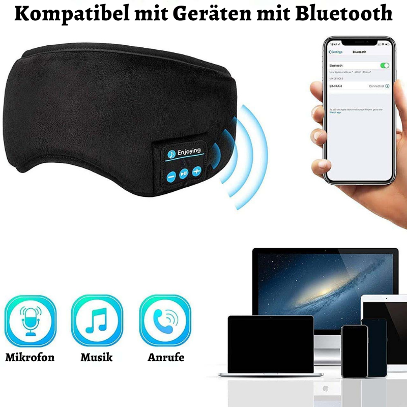 "Bluetooth Augenmaske SleePro™, schwarz, komfortabel, ideal zum Schlafen mit integriertem Kopfhörer, modernes Design."