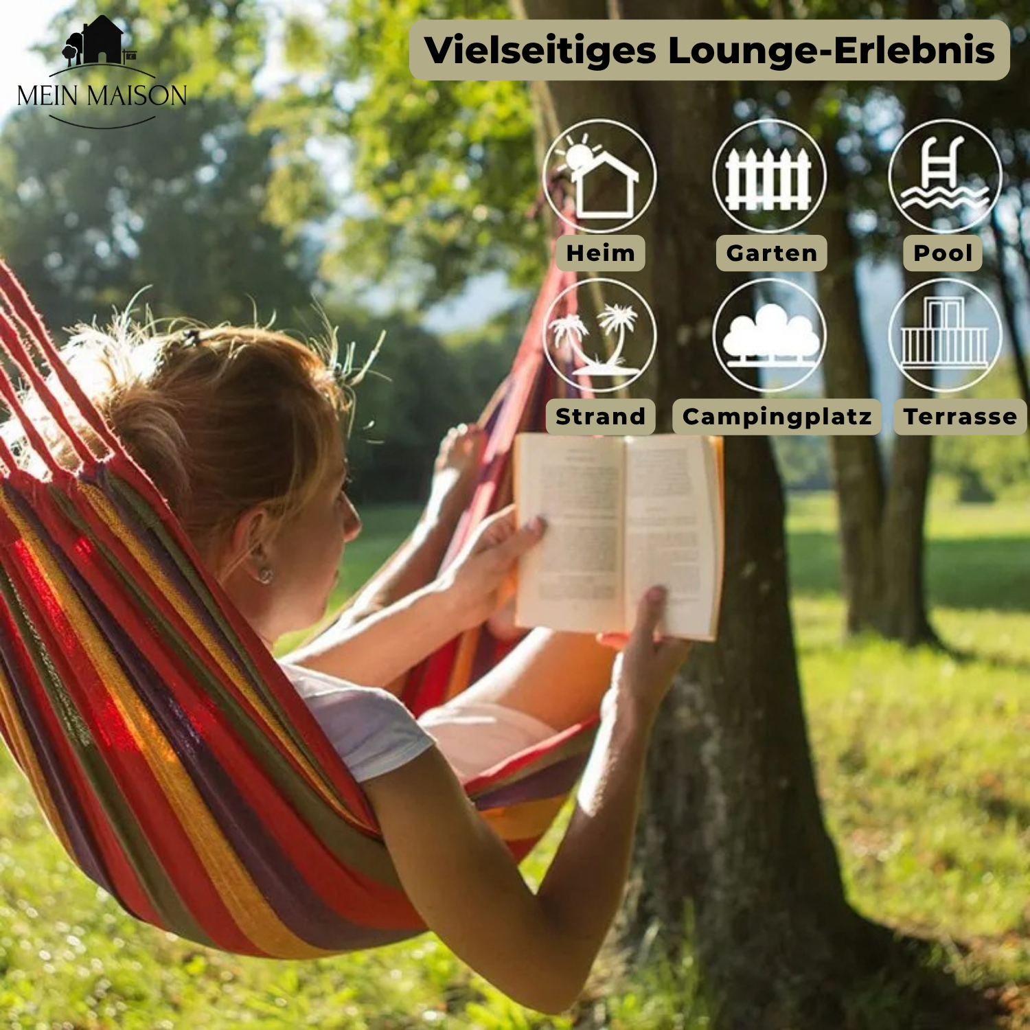 "Canvas Hängematte für Outdoor, robust, anti-rutsch, in Garten oder Camping, bietet Komfort und Stabilität bis 200 kg."