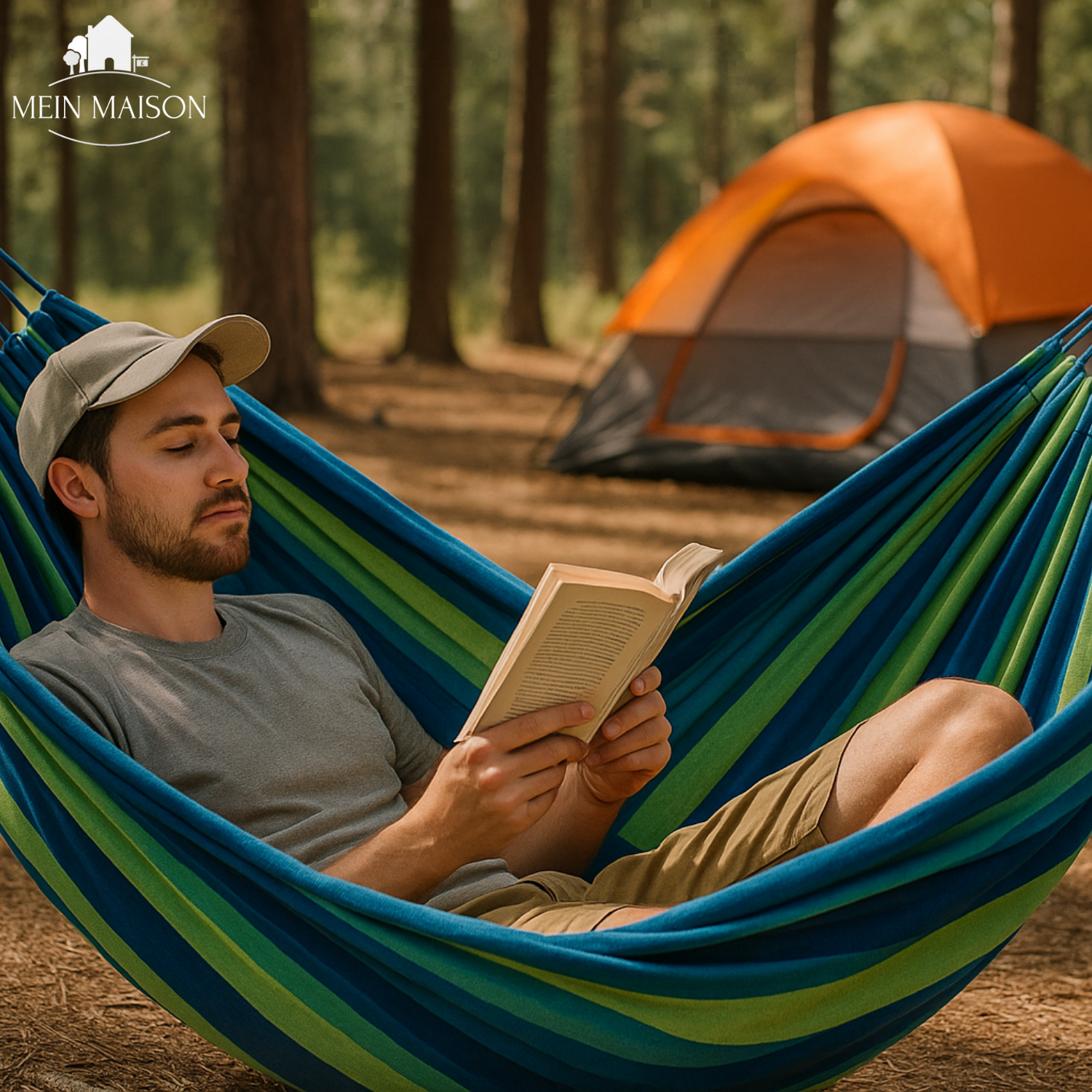 "Canvas Hängematte für Outdoor, robust, anti-rutsch, in Garten oder Camping, bietet Komfort und Stabilität bis 200 kg."