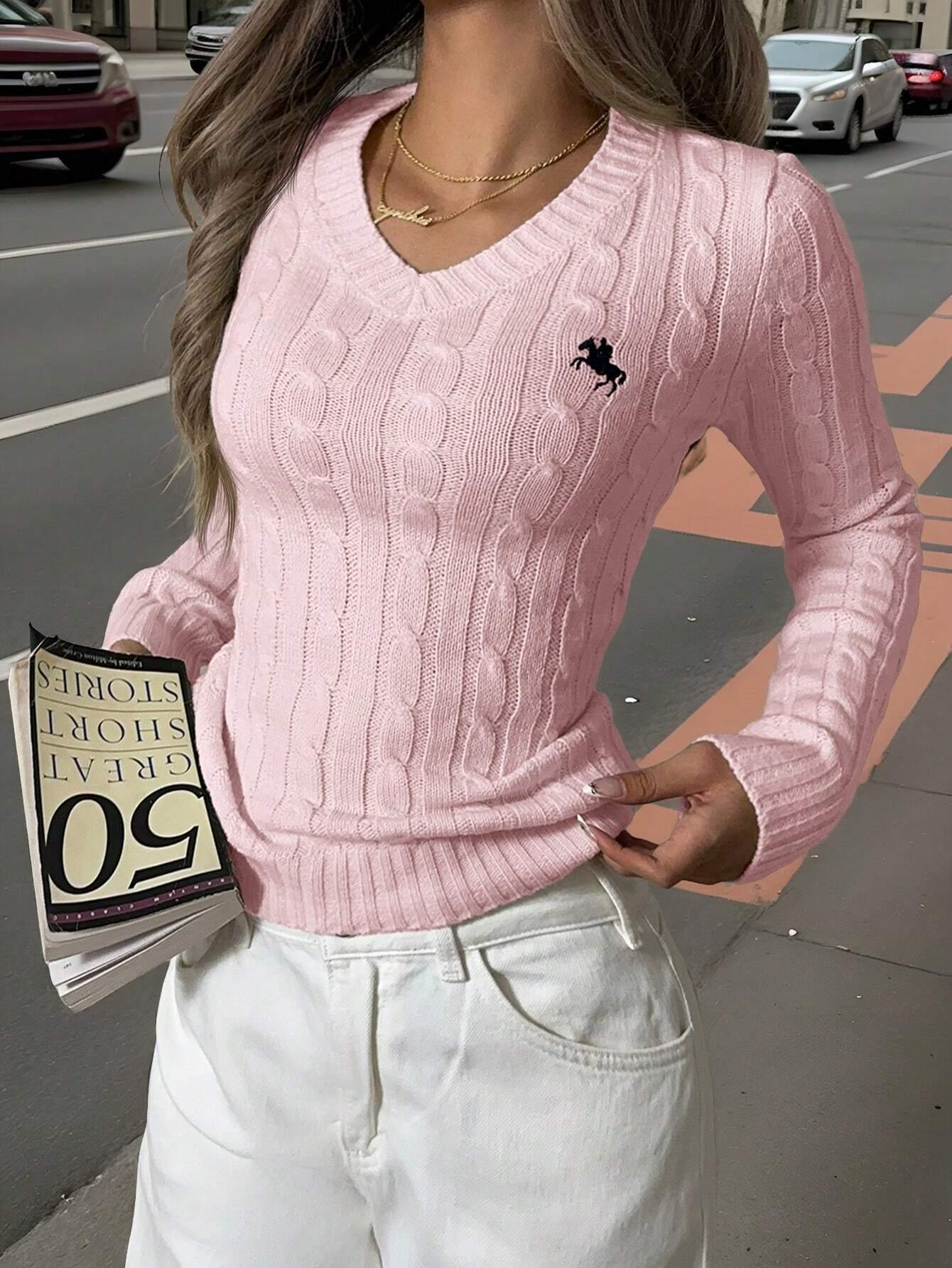"Damen Kabelstrickpullover mit V-Ausschnitt, elegantes Design, kabelgestrickte Struktur, vielseitig und komfortabel."