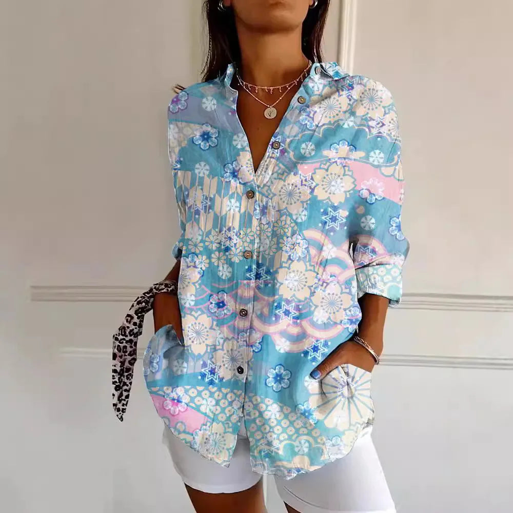 "Damen Langarm Hemd mit Blumenmuster, Button Down, floral, elegant, ideales Sommeroutfit fĂĽr BĂĽro und Freizeit."