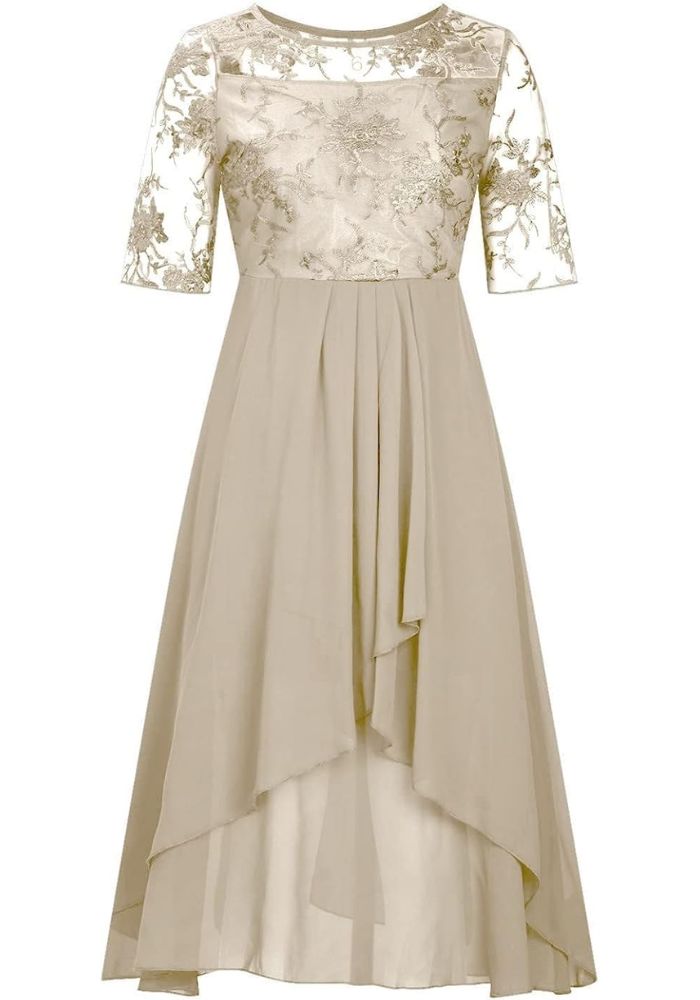 "Damen Plissee Rundhals Midi-Kleid in Beige mit elegantem Design, ideal für vielseitige Anlässe und komfortable Passform."