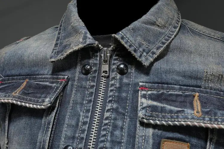 "Damen Retro-Denimjacke mit Patchwork-Design, lässiger Vintage-Look, Farbblockierung, Spitzenqualität, seitliche Taschen."