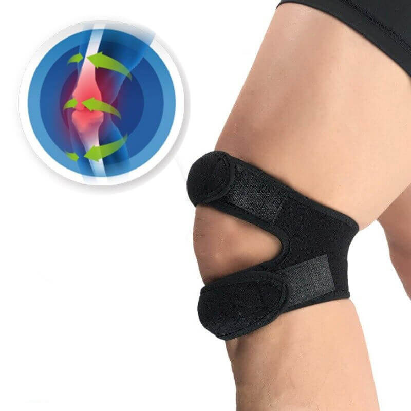 "Doppelpatella Kniebandage, atmungsaktiv, schwarz, unterstützt Kniekomfort bei Schmerzen, ideal für Sport und Alltag."