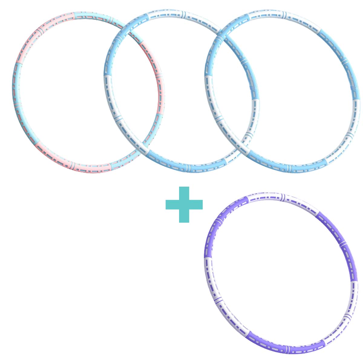 Effektiver Hula Hoop Pro mit Metallkern in Blau-weiß, Lila-weiß oder Pink-blau für Massage und Fitness.