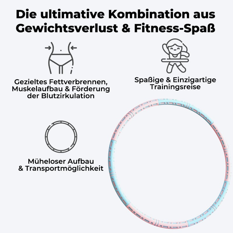Effektiver Hula Hoop Pro mit Metallkern in Blau-weiß, Lila-weiß oder Pink-blau für Massage und Fitness.