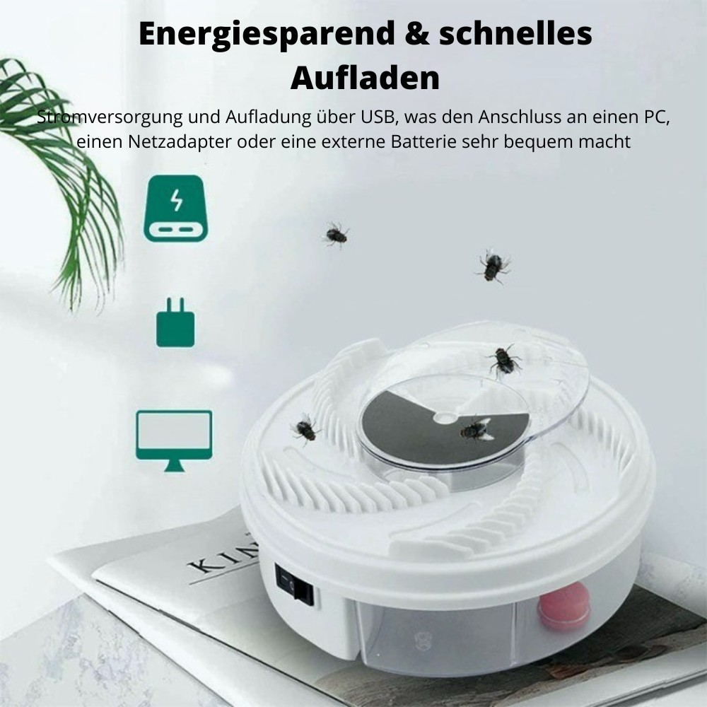 Effiziente, chemiefreie Fliegenfalle für innen & außen, leises Design mit 360° Fangarm und USB-Anschluss, ideal gegen Insekte