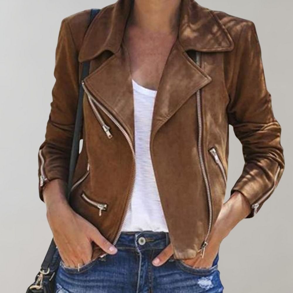 "Elegante Damen Bikerjacke aus Wildleder, modern mit Reißverschluss und taillierter Silhouette, ideal für schicke Looks."