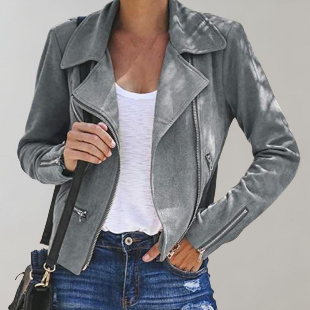 "Elegante Damen Bikerjacke aus Wildleder, modern mit Reißverschluss und taillierter Silhouette, ideal für schicke Looks."