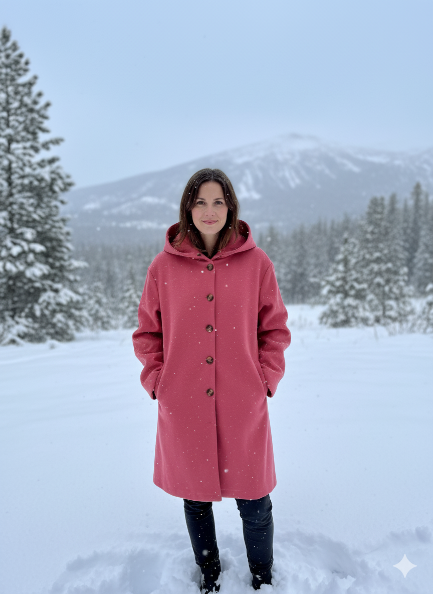 "Eleganter Damen Steppmantel in Blau, Kapuze verstellbar, wärmt stilvoll im Winter, erhältlich in S bis 3XL."