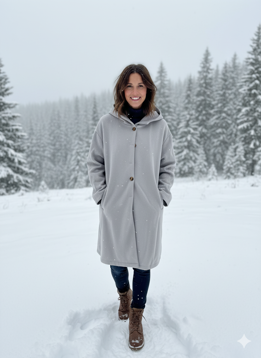 "Eleganter Damen Steppmantel in Blau, Kapuze verstellbar, wärmt stilvoll im Winter, erhältlich in S bis 3XL."