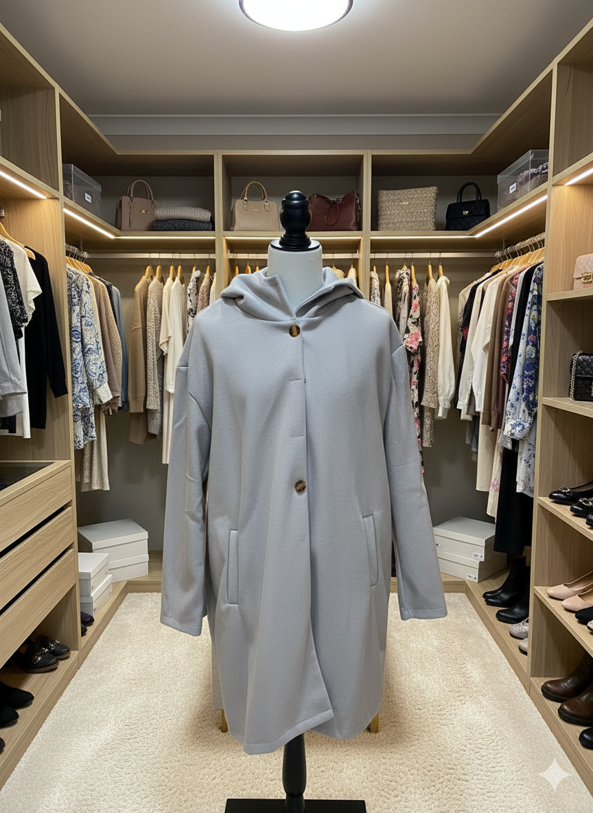 Eleganter Damen Wintermantel, stilvolles Design, winddicht, knielang, beige Farbton, mit Kapuze für kalte Tage.