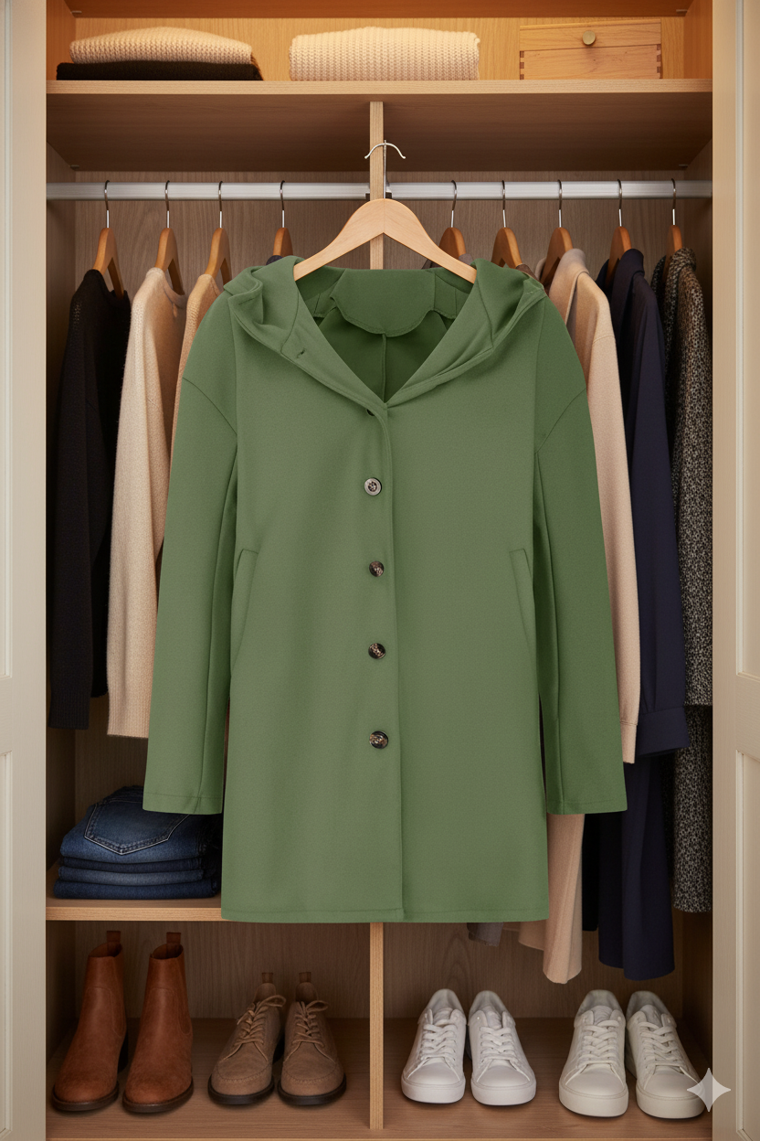 Eleganter Damen Wintermantel, stilvolles Design, winddicht, knielang, beige Farbton, mit Kapuze für kalte Tage.