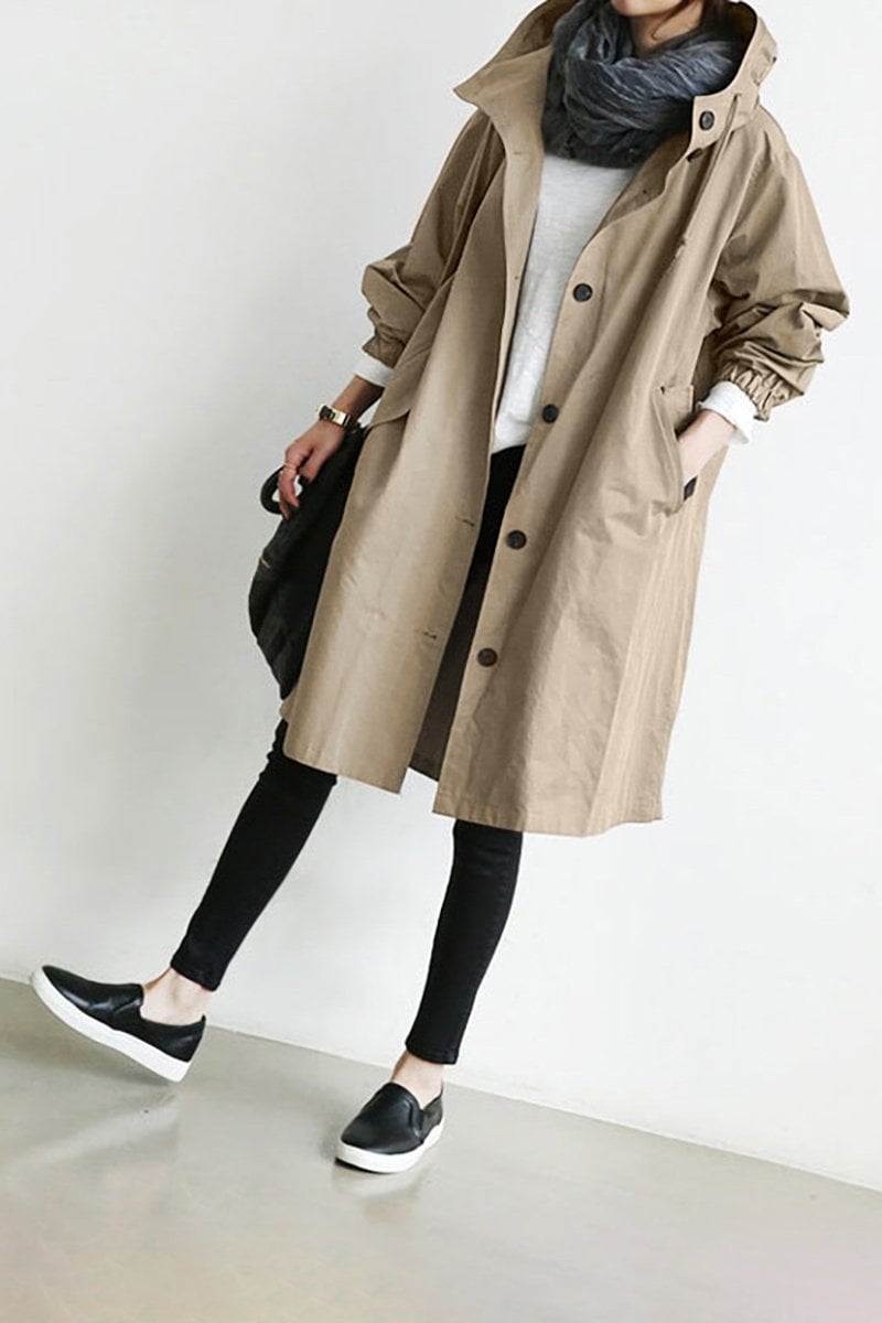 "Eleganter Damen-Trenchcoat mit Kapuze, stilvoller Regenmantel aus Baumwollmix, ideal für Übergangswetter"