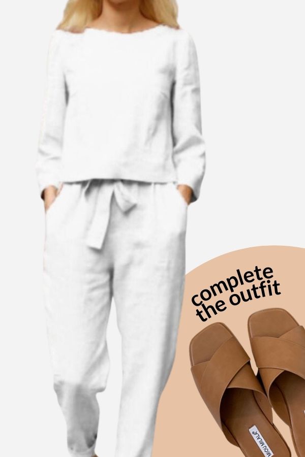 Eleganter Leinen-Zweiteiler für Damen in monochromen Farben; atmungsaktives Material, klassischer Schnitt für vielseitige Anl