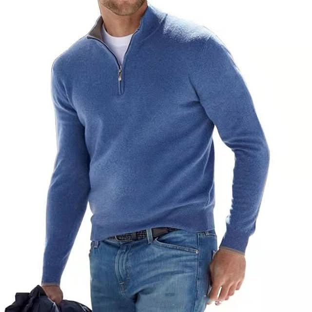 Eleganter Merino Herrenpullover mit V-Ausschnitt, Reißverschluss, und weicher Merinowolle für stilvollen Komfort.