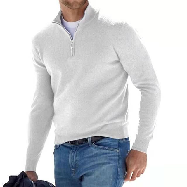 Eleganter Merino Herrenpullover mit V-Ausschnitt, Reißverschluss, und weicher Merinowolle für stilvollen Komfort.