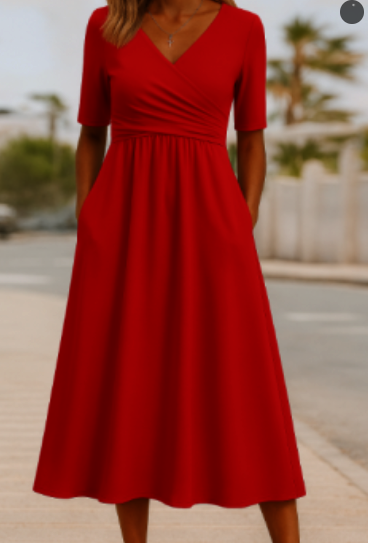 "Elegantes Damen-Wickelkleid mit V-Ausschnitt, Midi-Länge, sommerlich, in Blau, Grau, Rot, schmeichelhafter Schnitt."