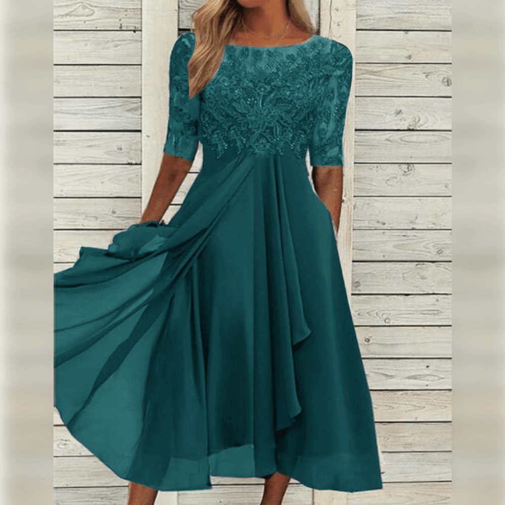 Elegantes Damenkleid, zeitloser Stil, sanfte Farben, vielseitig für Alltag und Abend, in Größen XS bis 3XL erhältlich.