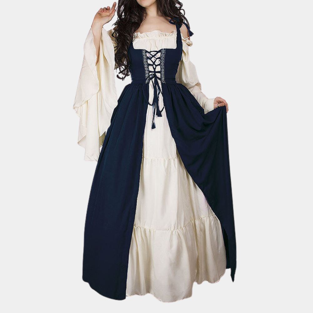 Elegantes blaues Mittelalterkleid für Damen, wärmeisolierend und stilvoll, ideal für kalte Tage und formelle Anlässe.