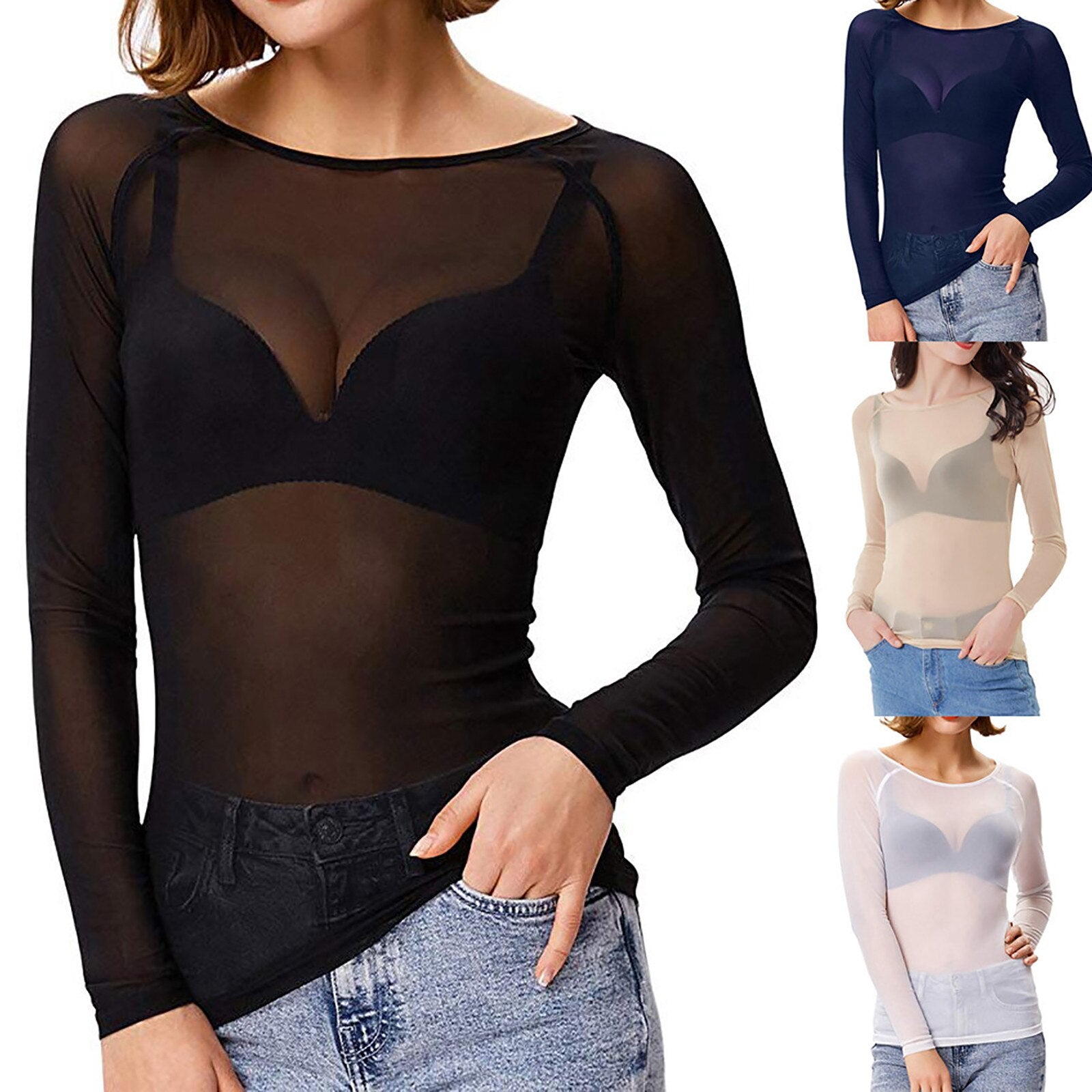 "Elegantes schwarzes Damen-Mesh-Top, langärmelig, transparent, Vorderansicht für modernen Look und vielseitige Outfits."