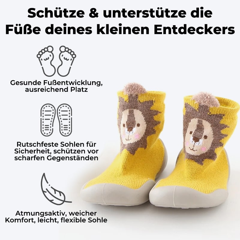 "Gelbe Fuchs-Babyschuhe mit rutschfester Sohle, ergonomischem Design und atmungsaktiven Materialien, ideal für kleine Abenteu
