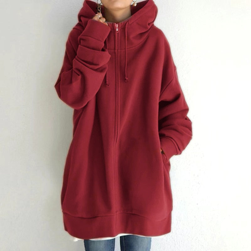 Gemütlicher Oversize Winter Hoodie für Damen, beige, passend zu Jeans, ideal für kalte Tage, komfortabel und stilvoll.