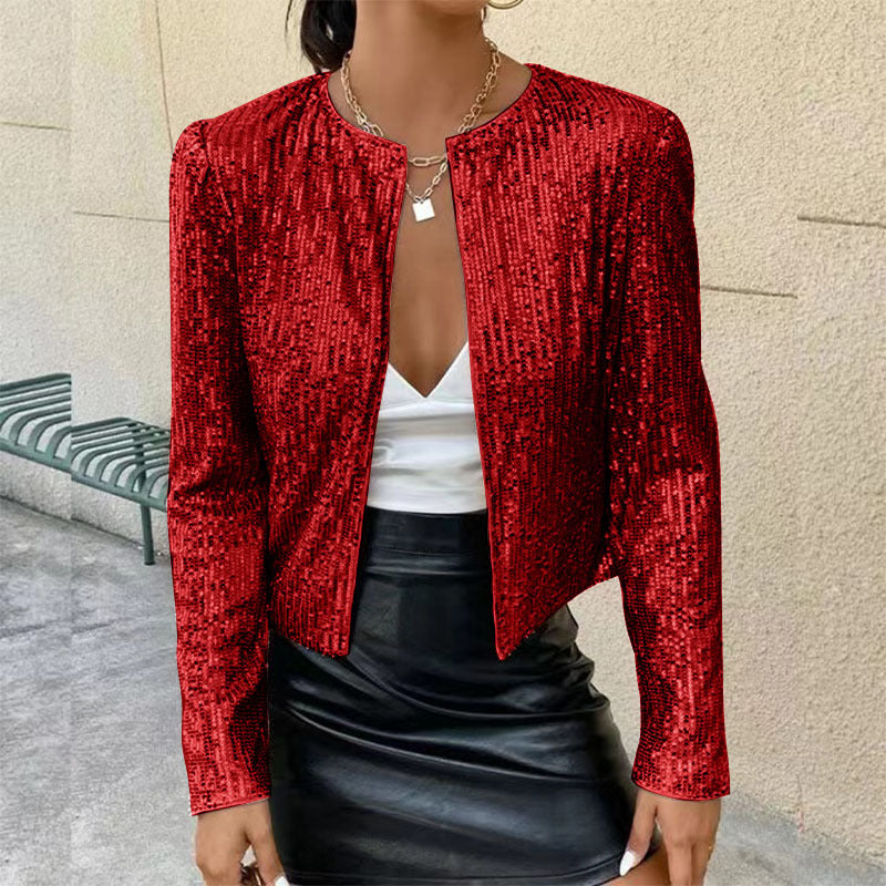 Glitzernde Damen Strickjacke, Vorderansicht in Champagner, elegantes Glitzerdesign, vielseitig für stilvolle Anlässe.