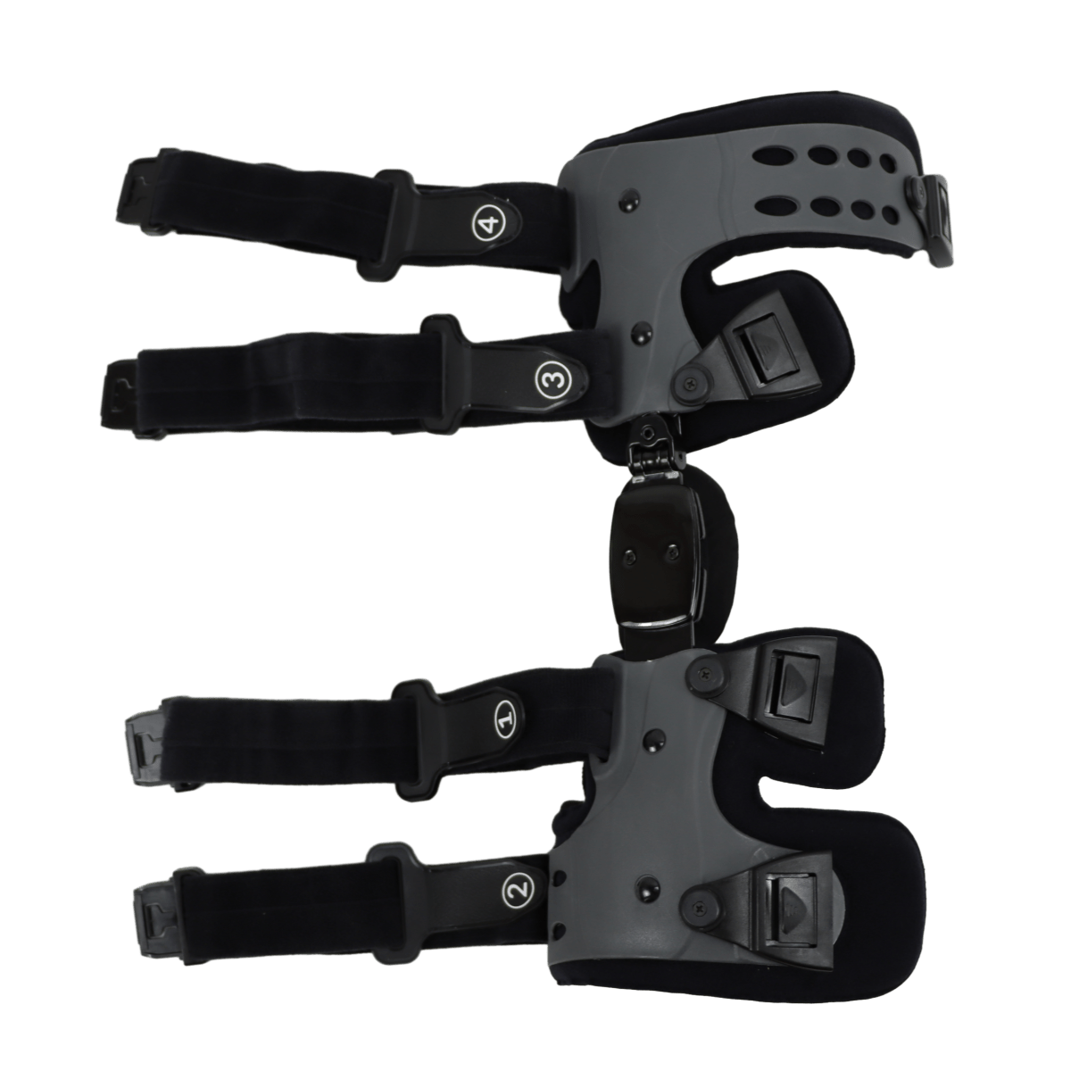 "Graue Kniebandage aus atmungsaktivem Material für gezielte Druckentlastung und verstellbare Stabilität bei Knieproblemen."