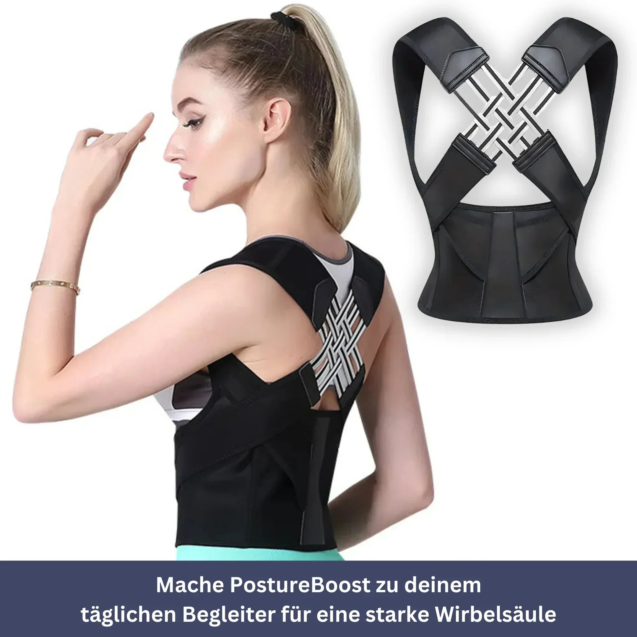 "Haltungskorrektur Accessoire, elastisch und atmungsaktiv, unter Kleidung tragbar, ergonomisches Design für Komfort, PostureB