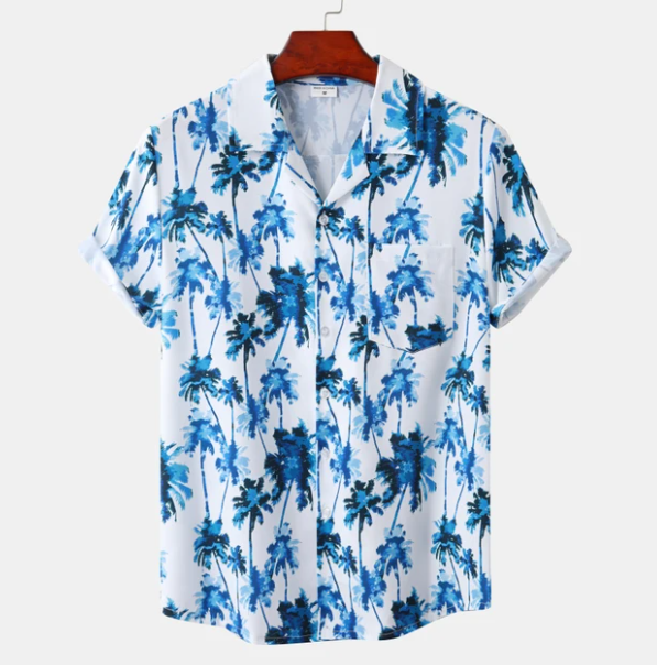 "Hawaiianisches Herrenhemd in Blau, klassisches Design, vielseitig, bequem, ideal für Freizeit und Sommer."
