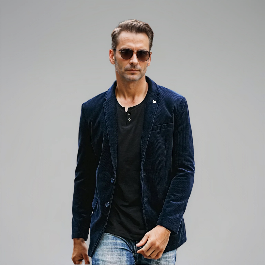 "Herren Cord Blazer in warmem Braun, klassisch-elegant, ideal für zeitlose Mode und vielfältige Anlässe."