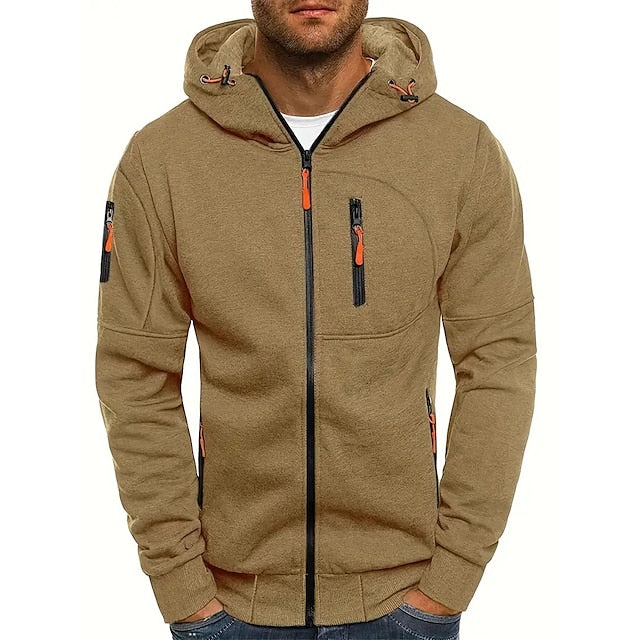 "Herren Kapuzenpullover in Beige, warm und stylisch, perfekt für kalte Tage, aus langlebigem Polyester."