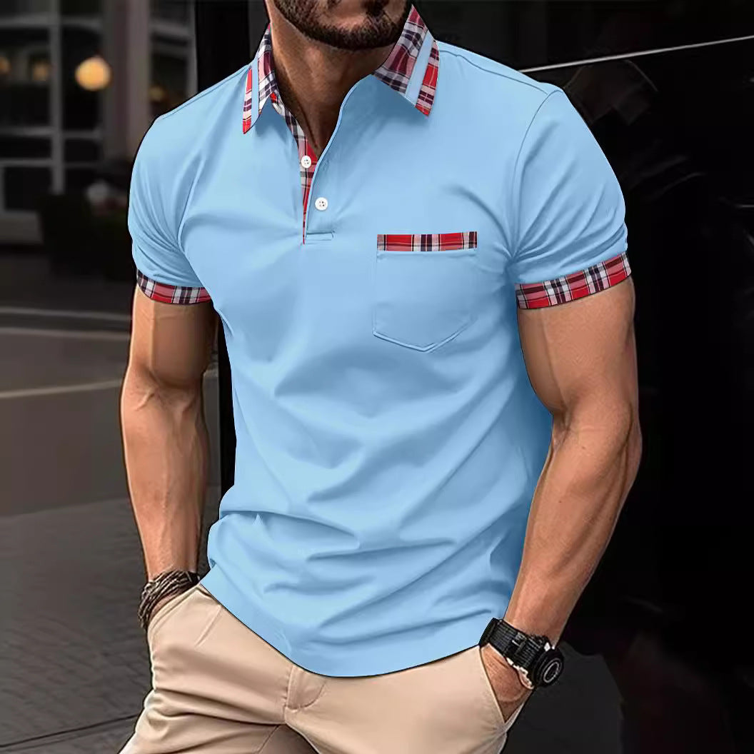 "Herren Poloshirt mit modernem Karo-Design und Brusttasche, seitliche Ansicht"