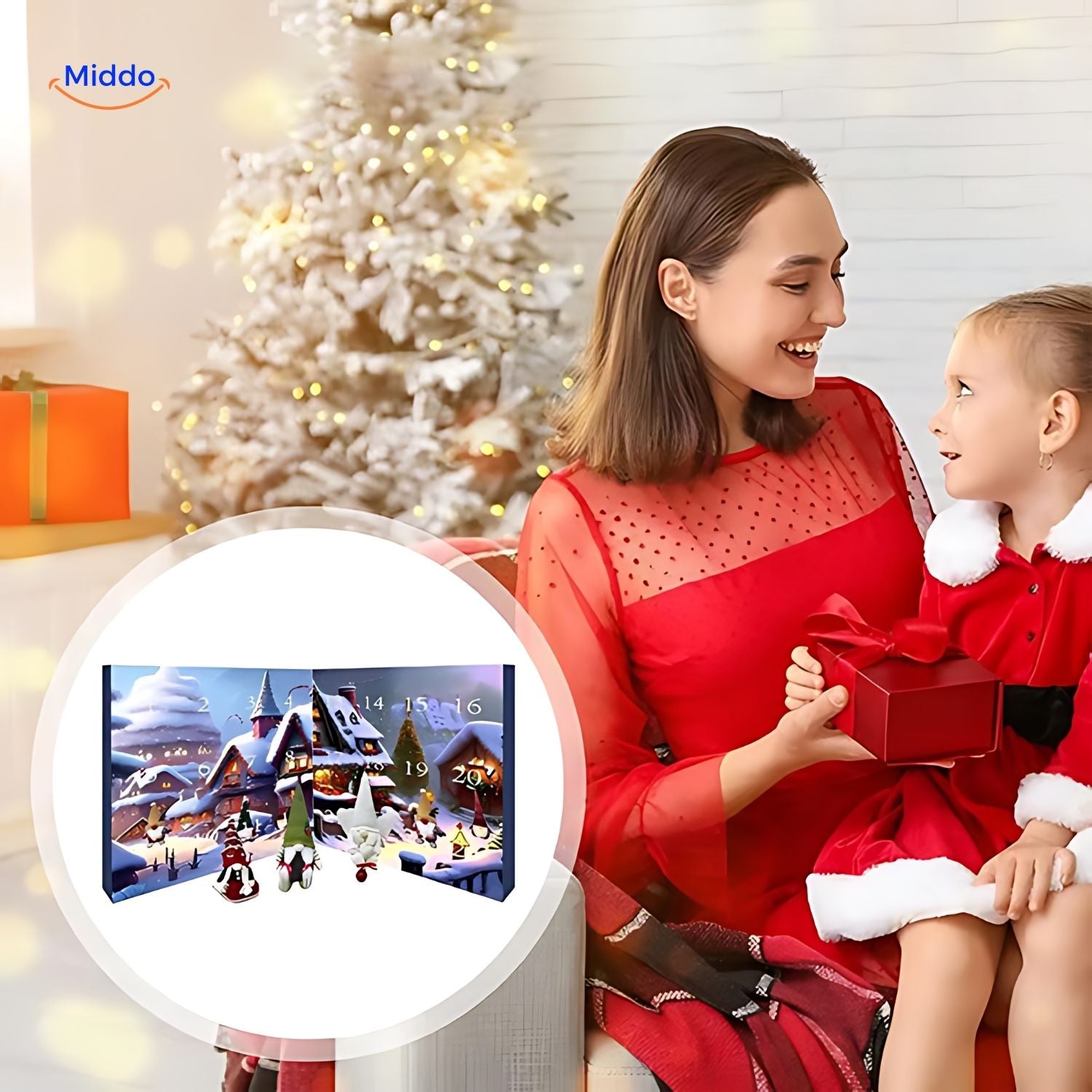 "HolidayHaven Adventskalender mit weihnachtlichen Plüsch-Gnomen und Miniaturhäusern, ideal für festliche Dekoration."