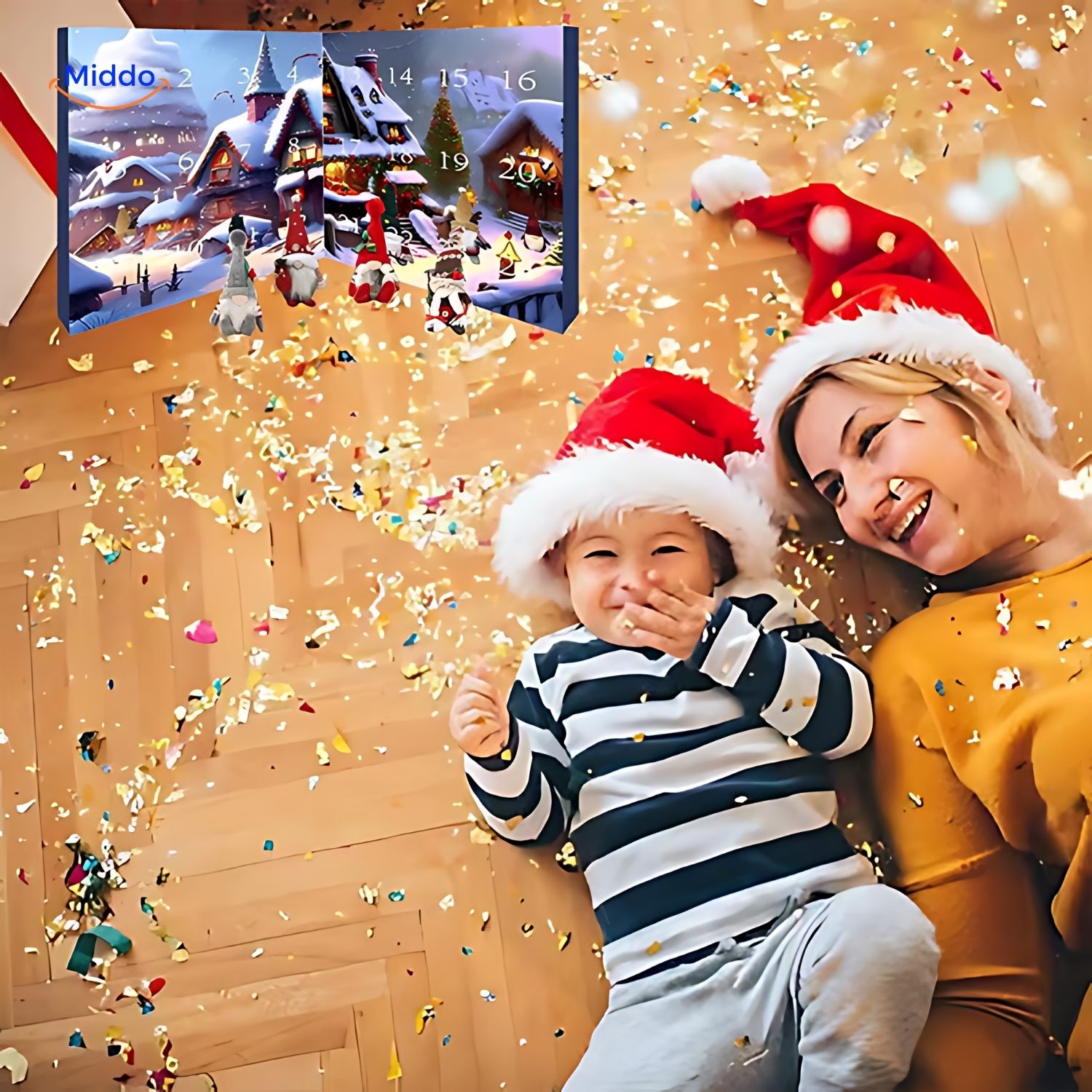 "HolidayHaven Adventskalender mit weihnachtlichen Plüsch-Gnomen und Miniaturhäusern, ideal für festliche Dekoration."