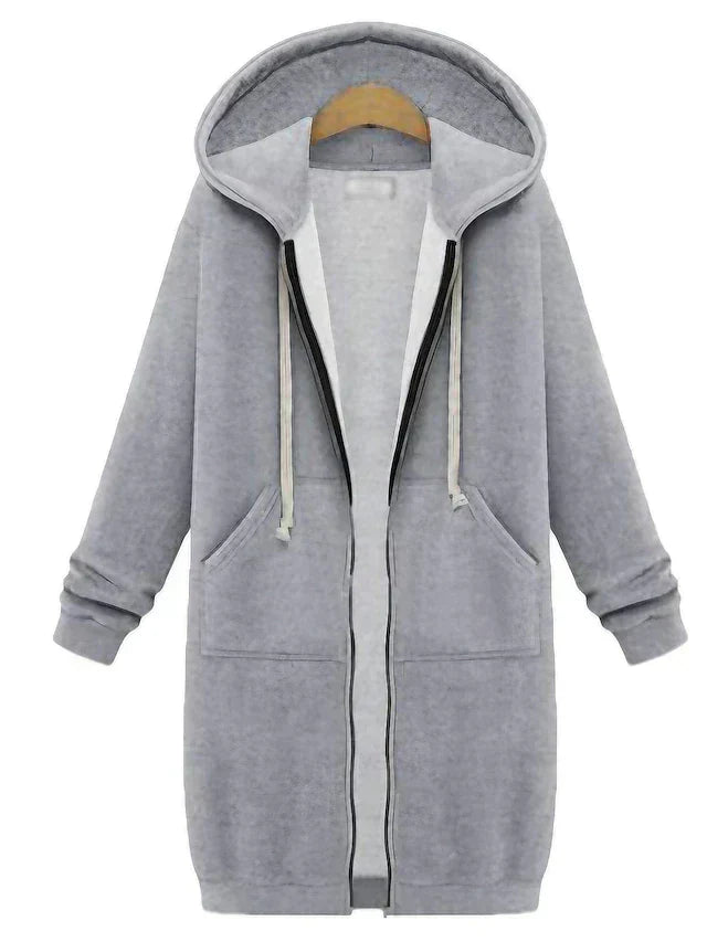 "Knielanger Zip-Up Hoodie, beige, von vorne, Reißverschluss geschlossen, ideal für kalte Wintertage, bequemer Damen-Stil"