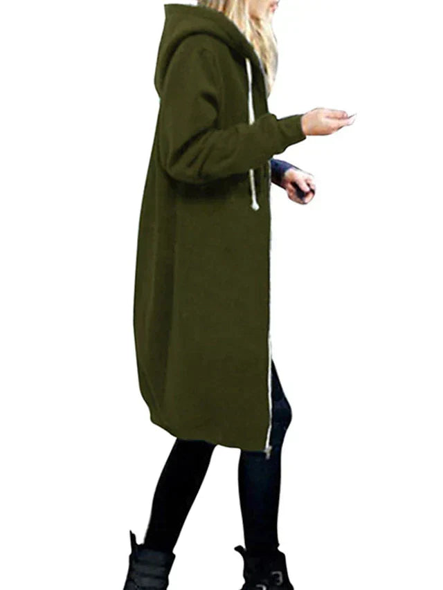 "Knielanger Zip-Up Hoodie, beige, von vorne, Reißverschluss geschlossen, ideal für kalte Wintertage, bequemer Damen-Stil"