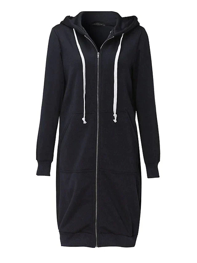 "Knielanger Zip-Up Hoodie, beige, von vorne, Reißverschluss geschlossen, ideal für kalte Wintertage, bequemer Damen-Stil"